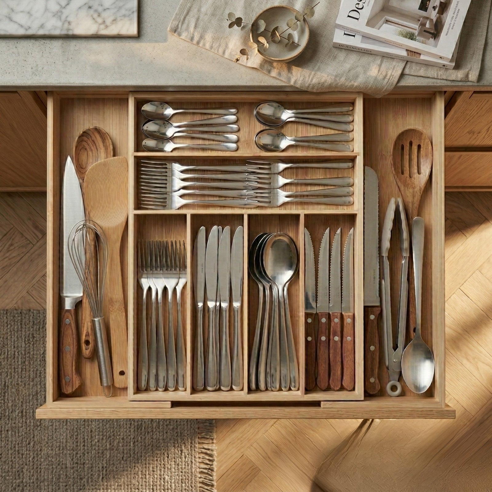 Rozkładany organizer na sztućce VARIO, 53 x 33-43 cm, bambus