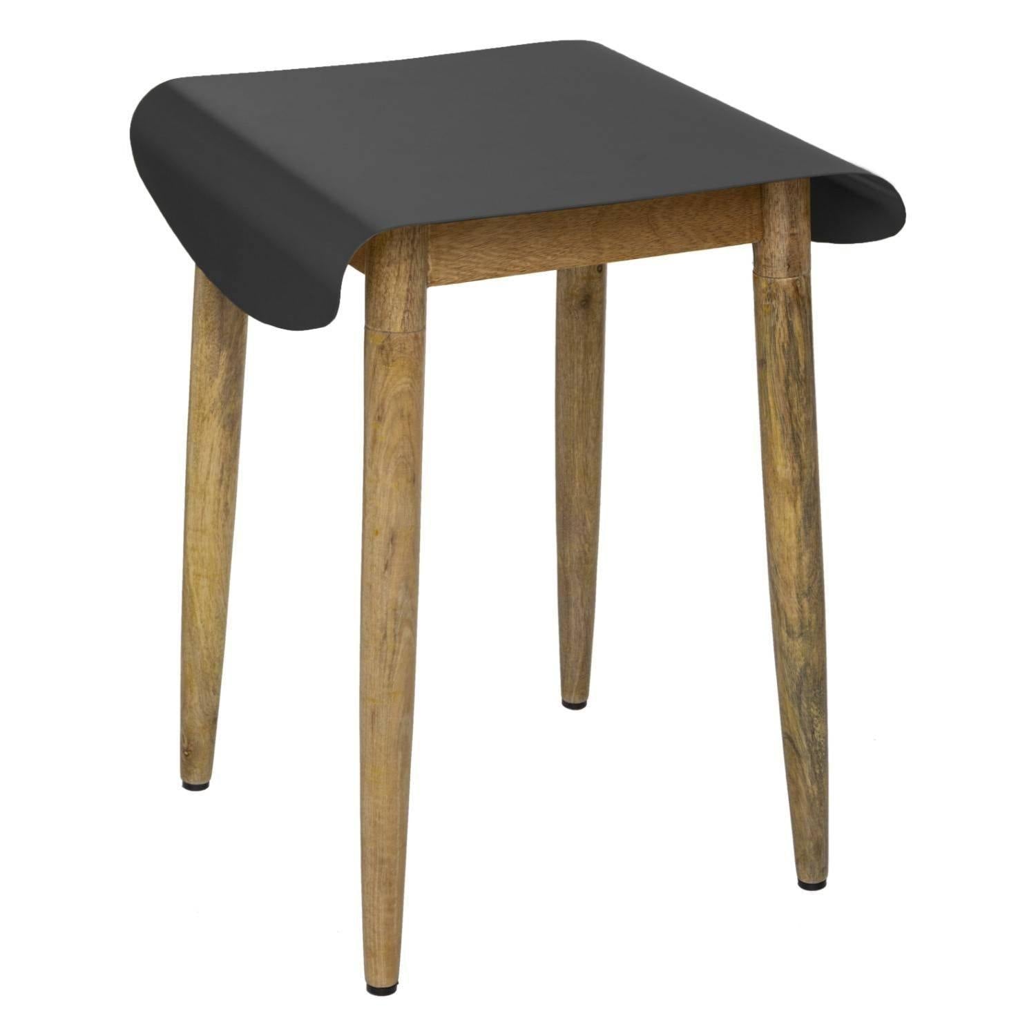 Taboret drewniany z metalowym siedziskiem, z drewna mango