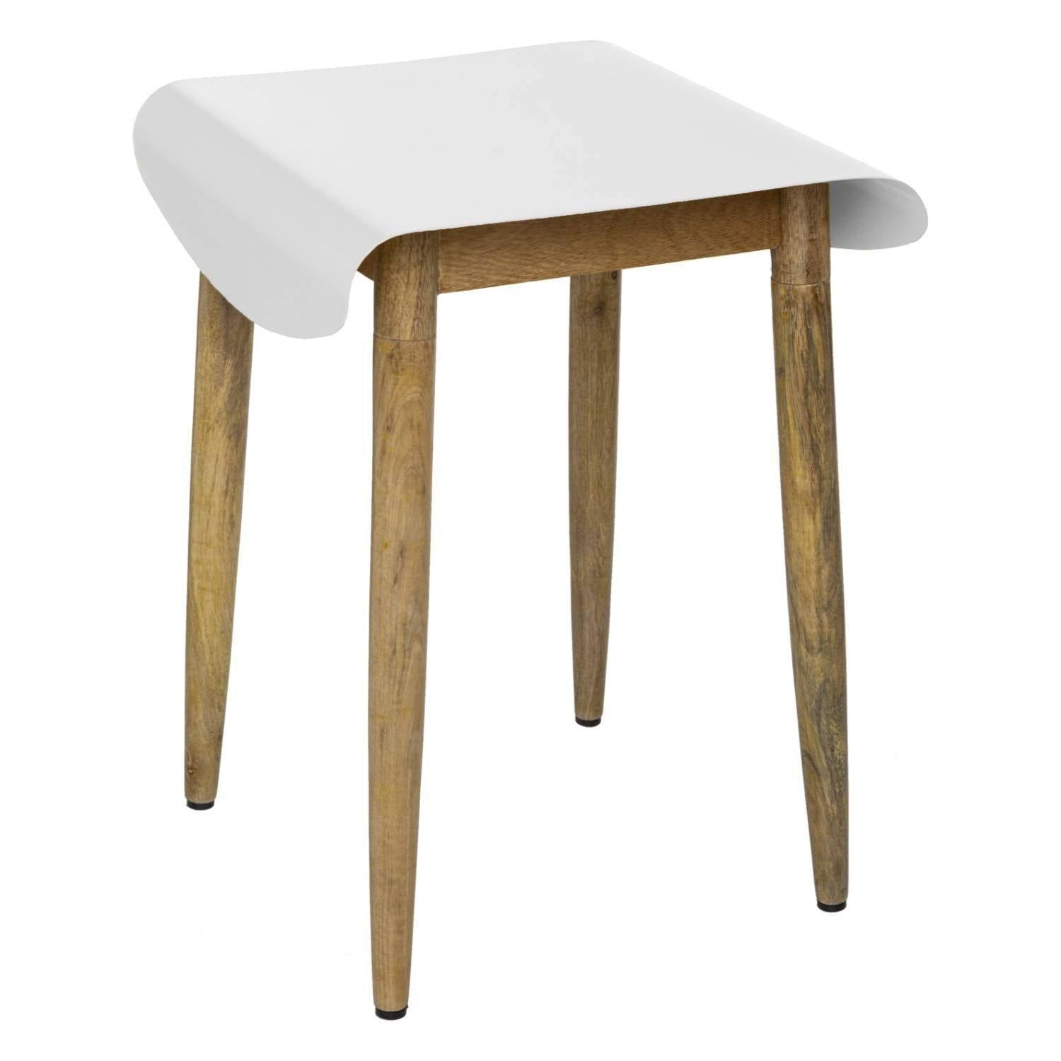 Taboret drewniany z metalowym siedziskiem, biały, z drewna mango